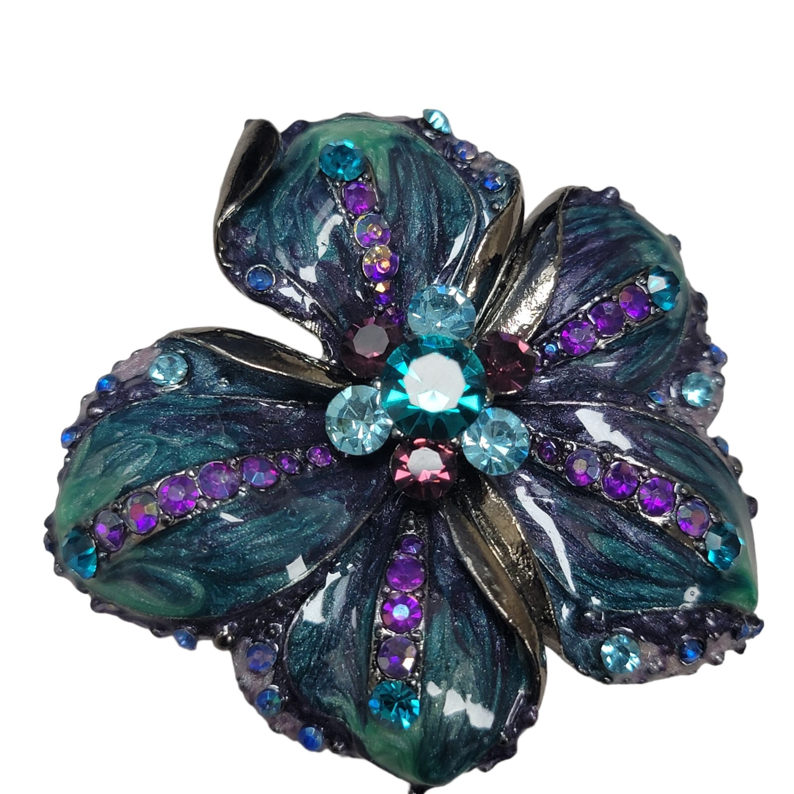 Vtg Estate Brooch 2″ Teal Purple Green Light Blue Rhinestone