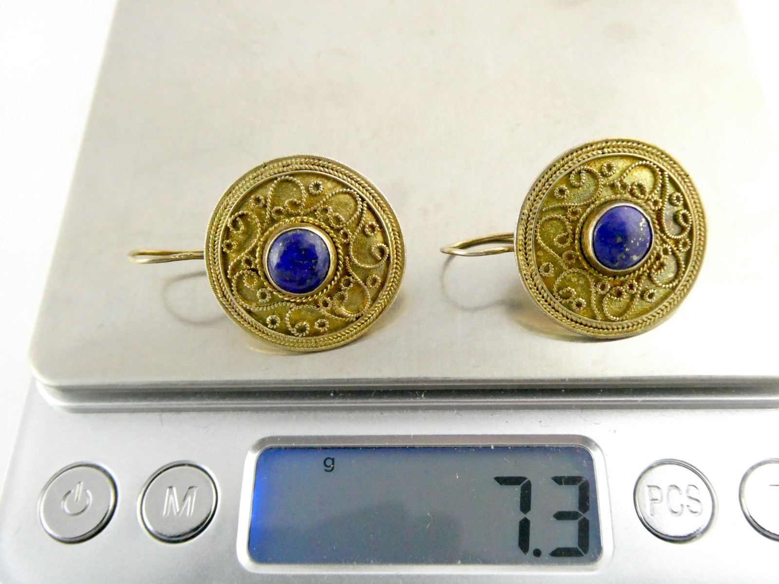 Vintage Gilt Sterling Silver Scroll Motif Lapis Lazuli Hook Earrings 7.3g 1.25In