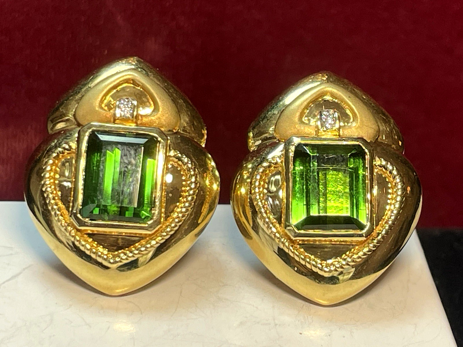 18K GOLD GREEN TOURMALINE & DIAMOND EARRINGS SIGNED OMEGA 23grs APPRAISAL $5,000