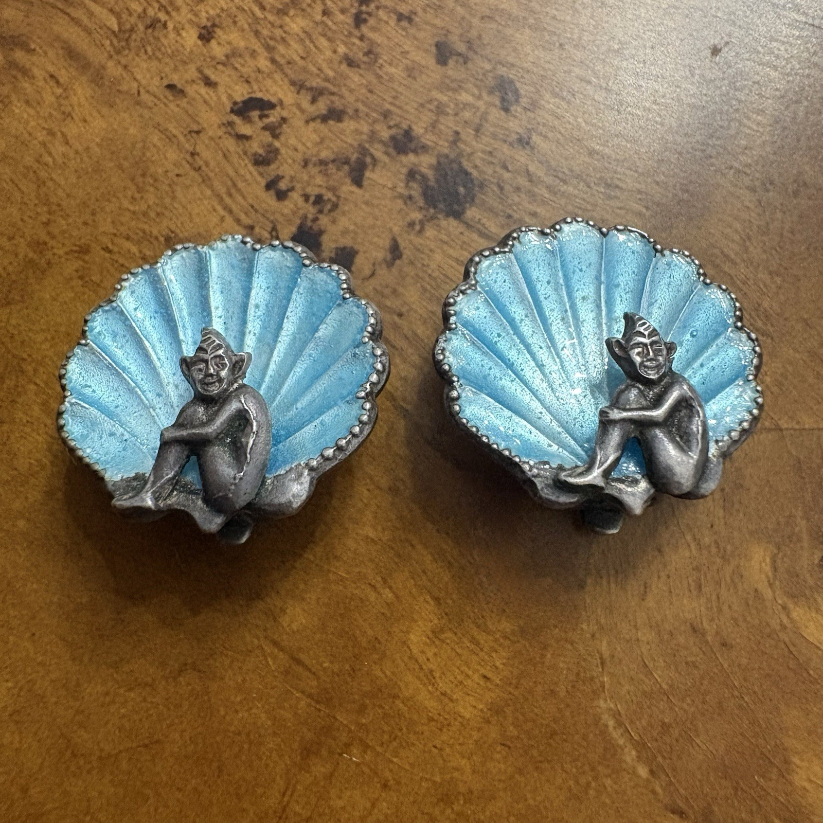 VTG 1930s Sterling Bernard Instone Art Deco Figural Cornish Pixie Shell Earrings