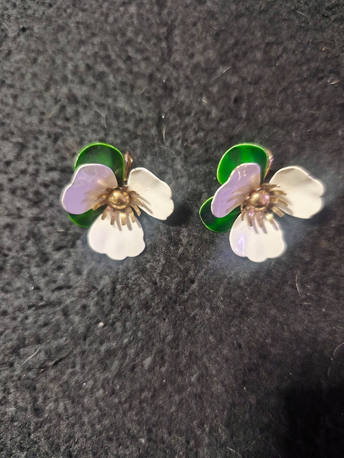 Vintage Enamel Flower Clip On Earrings Green White Purple Floral Jewelry