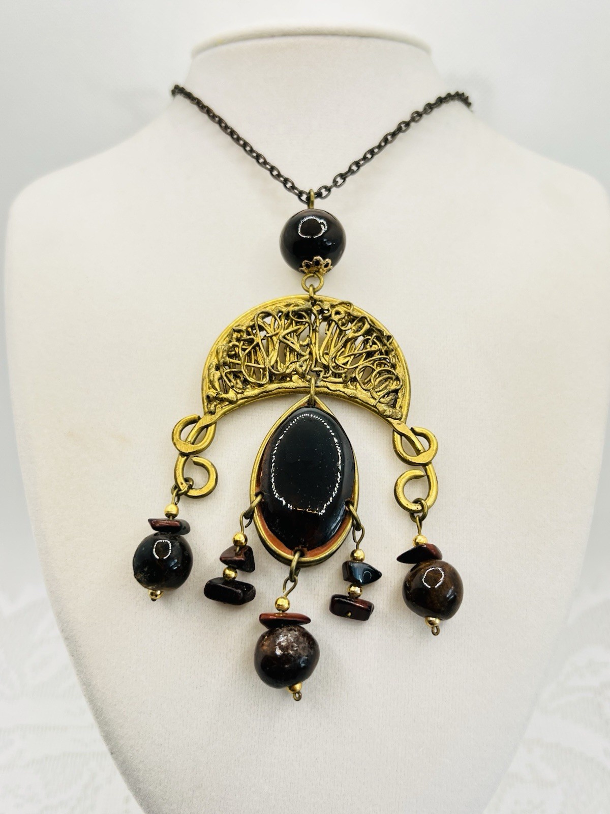 Vintage Brutalist Mixed Metals Necklace Handmade 70s Brass Copper Glass Beads