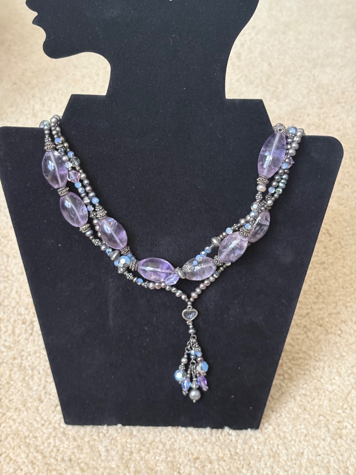 Artisan Purple Glass Silver Beaded 925 Triple Strand Necklace