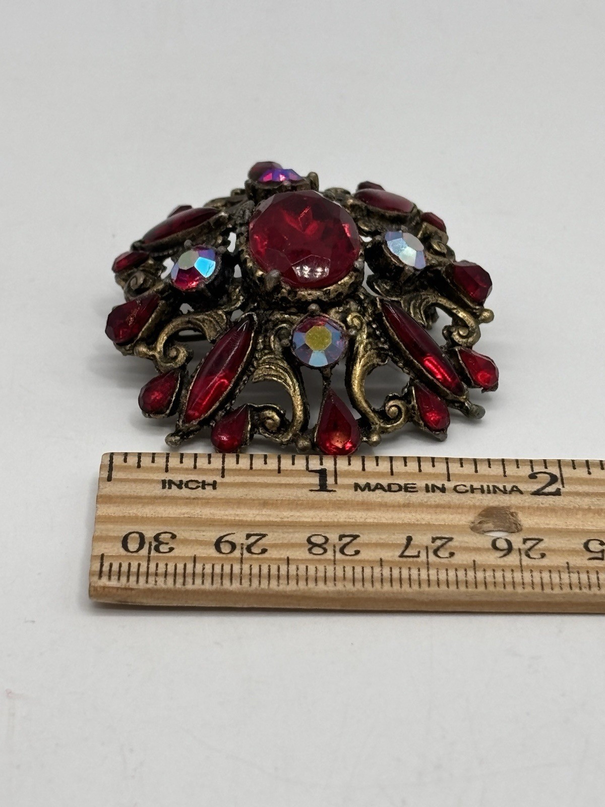 Vintage Red And Iridescent Rhinestone Brooch Antique Gold Tone 2”
