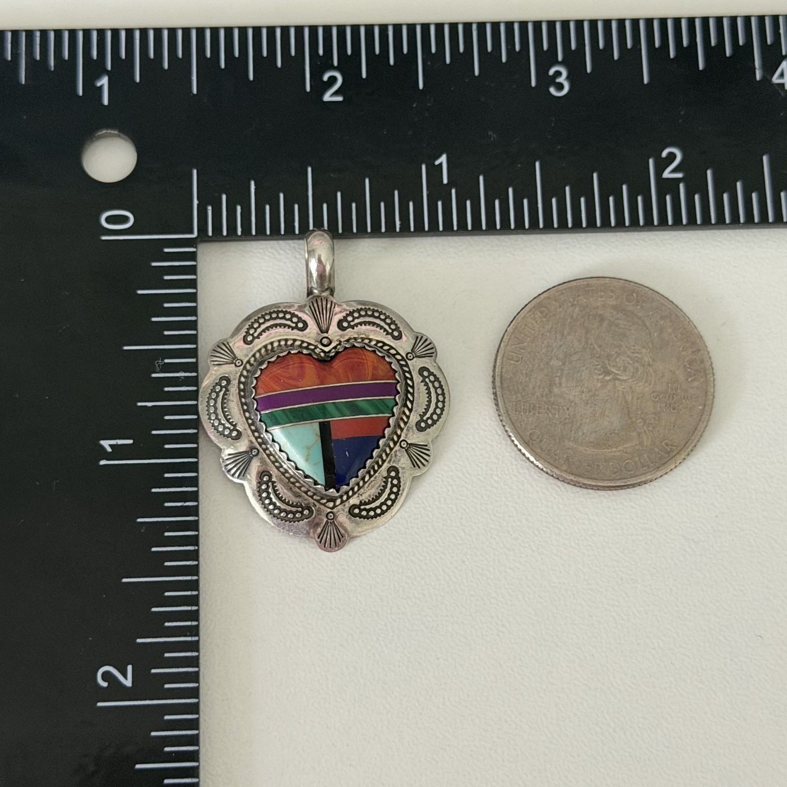 Vintage QT Sterling Native American Multi Gemstone Inlay Heart Southwest Pendant