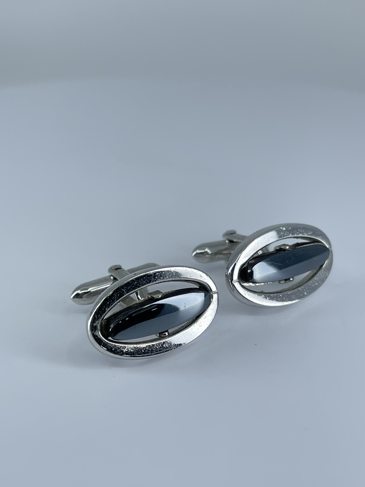 Vintage Swank hematite cufflinks long oval open silver tone design 3/4″