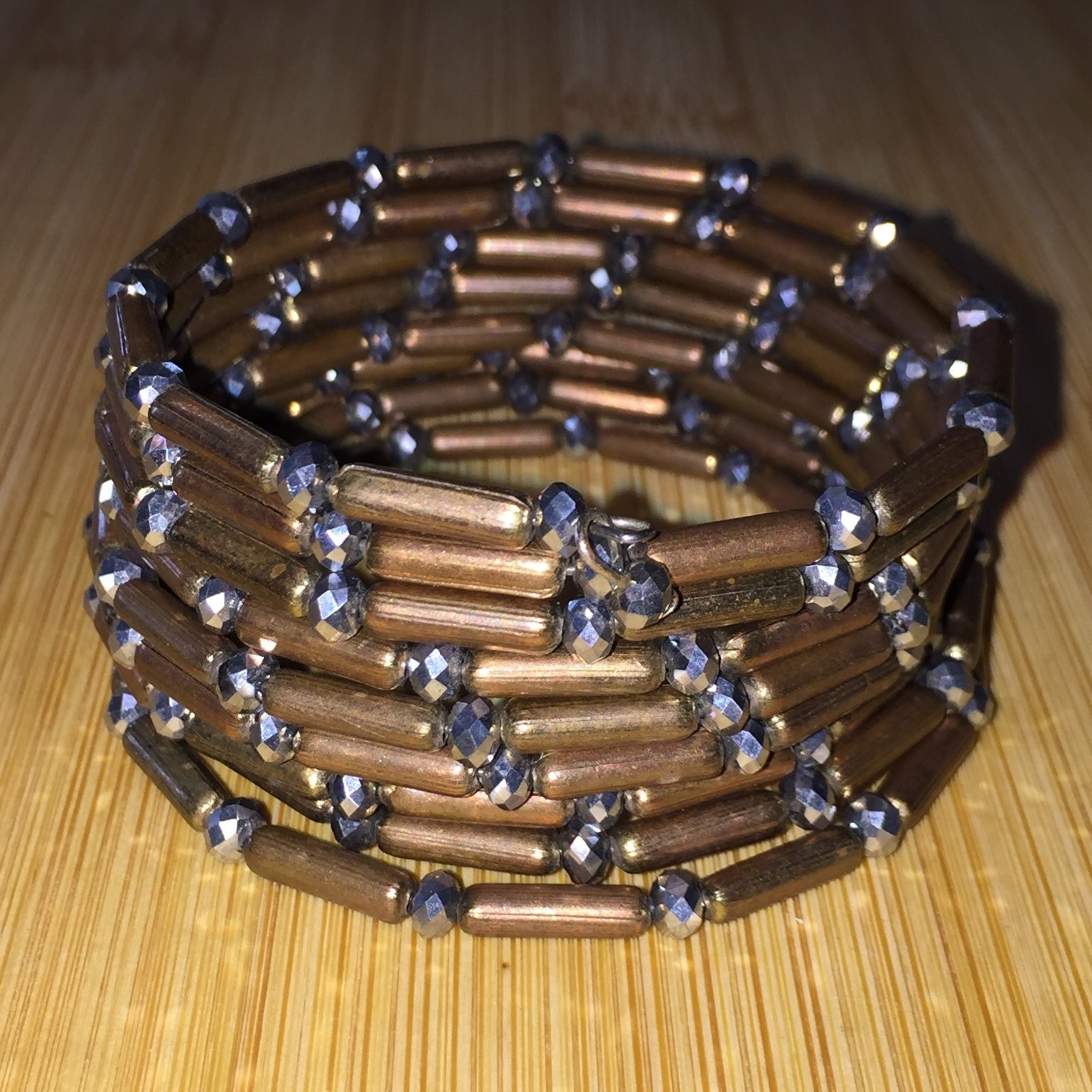 Vintage Multi-Strand Coil Wrap Bracelet Acrylic Bronze Tone Faceted Beads