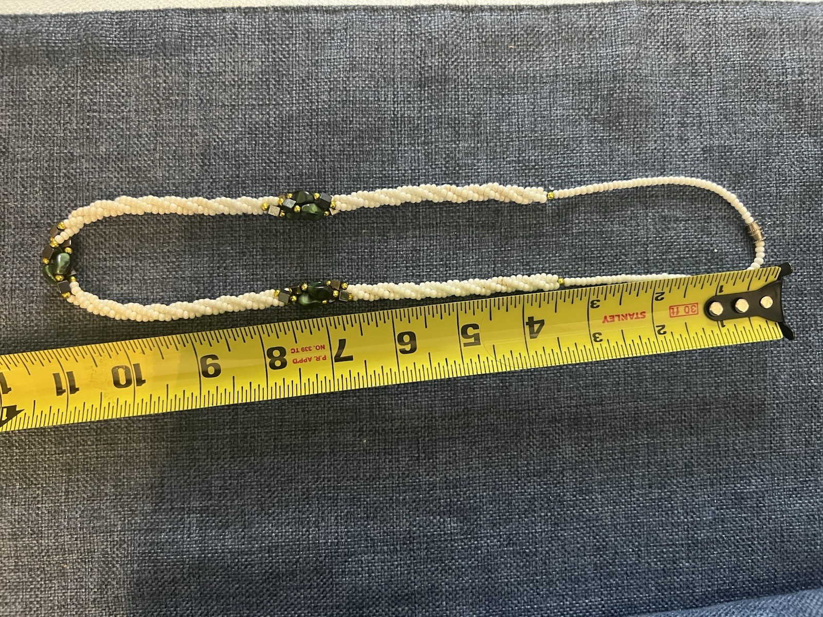 Torsade Necklace-3 Twisted Strands -White Seed Beads w/Green and Black Beads VTG
