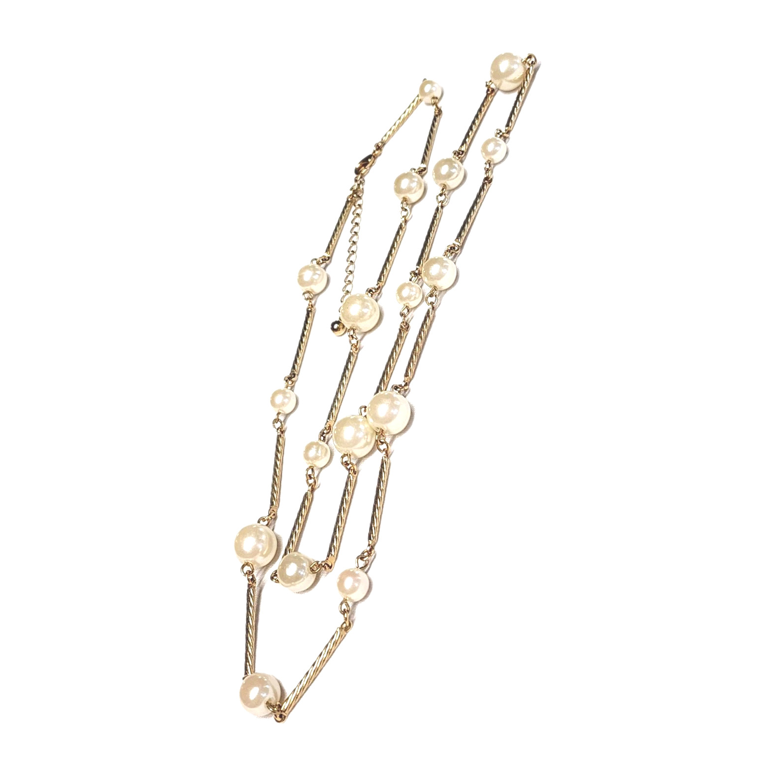 VTG AVON SH Gold Tone Twisted Bar Link & Cream White Faux Pearl Station Necklace