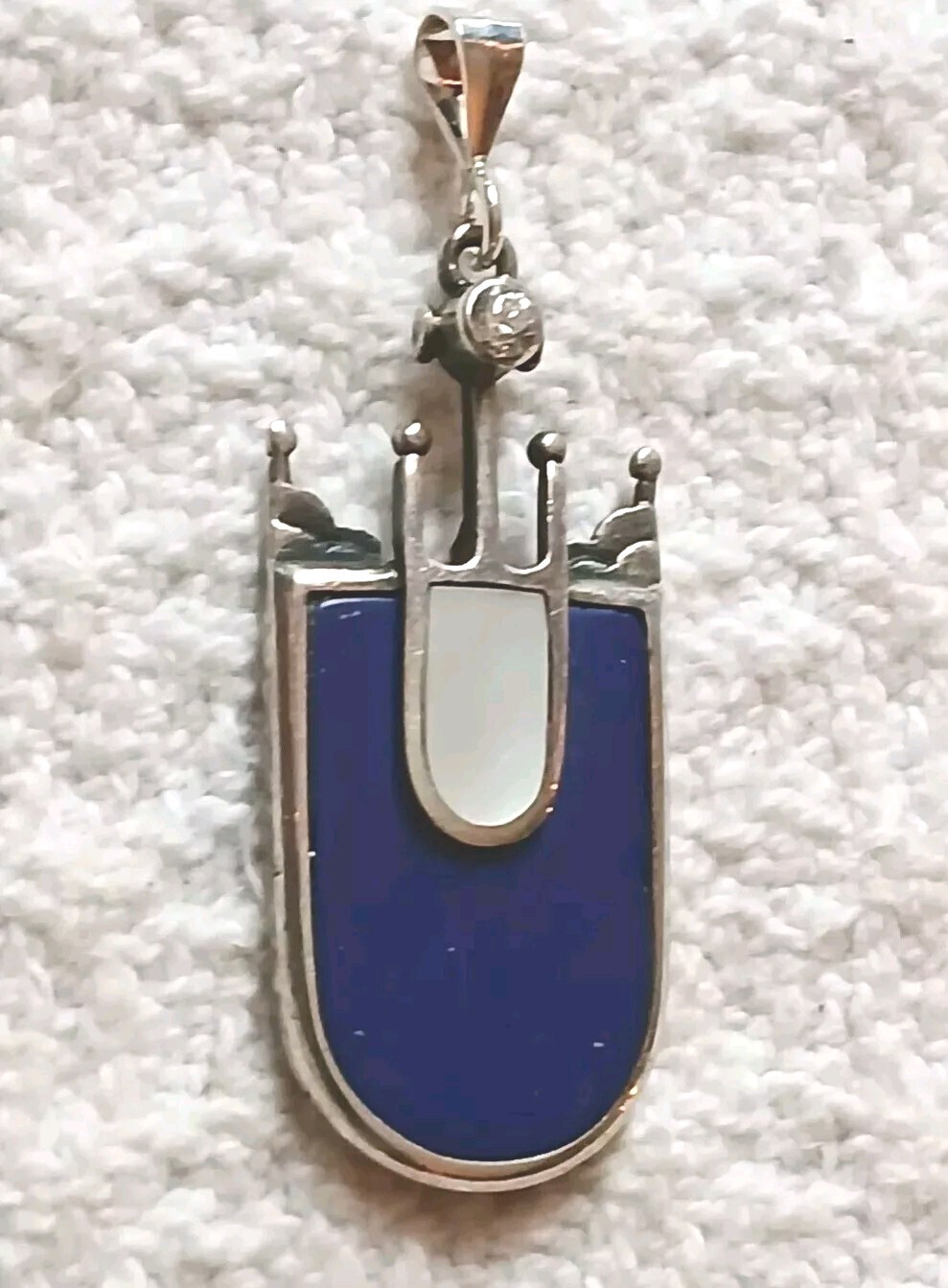 VTG Pendant Kreitto Greece 925 Abstract Water Figural Blue Lapis MOP 2″ Necklace