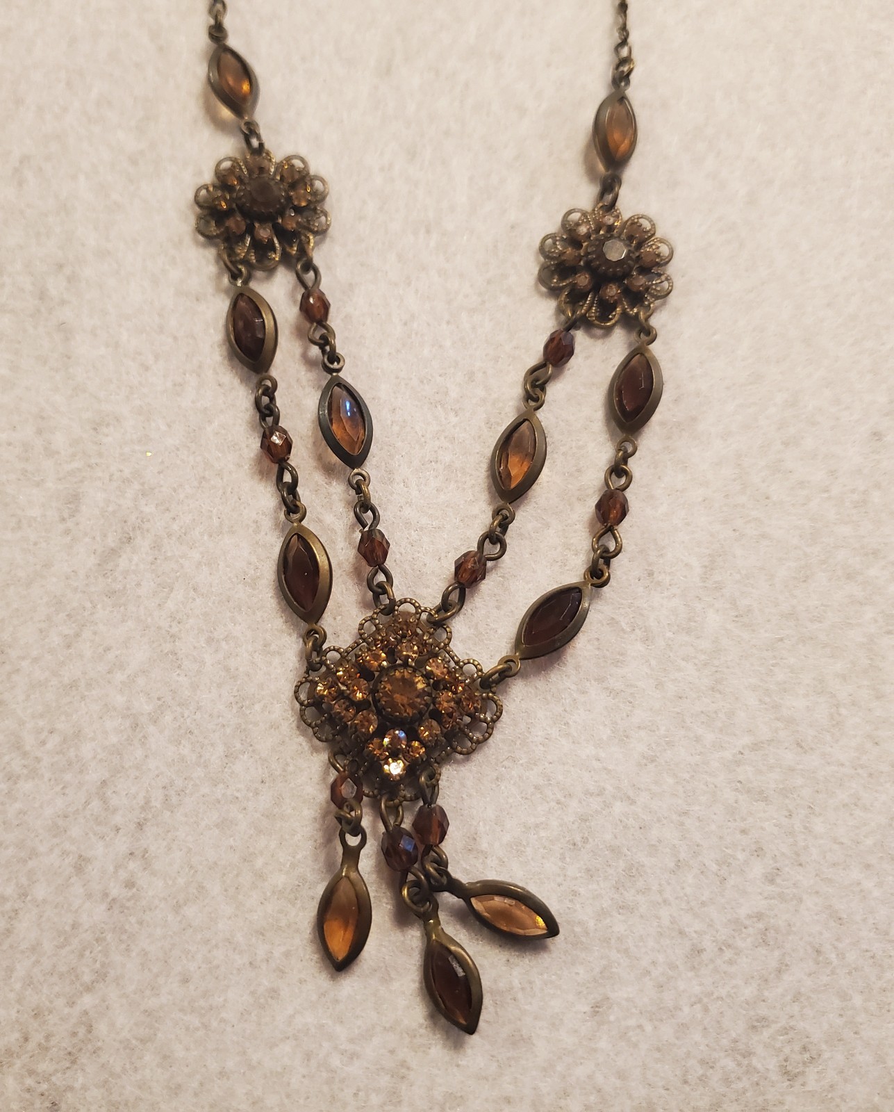 Vintage Filigree Necklace With Brown Topaz and Citrine Rhinestones