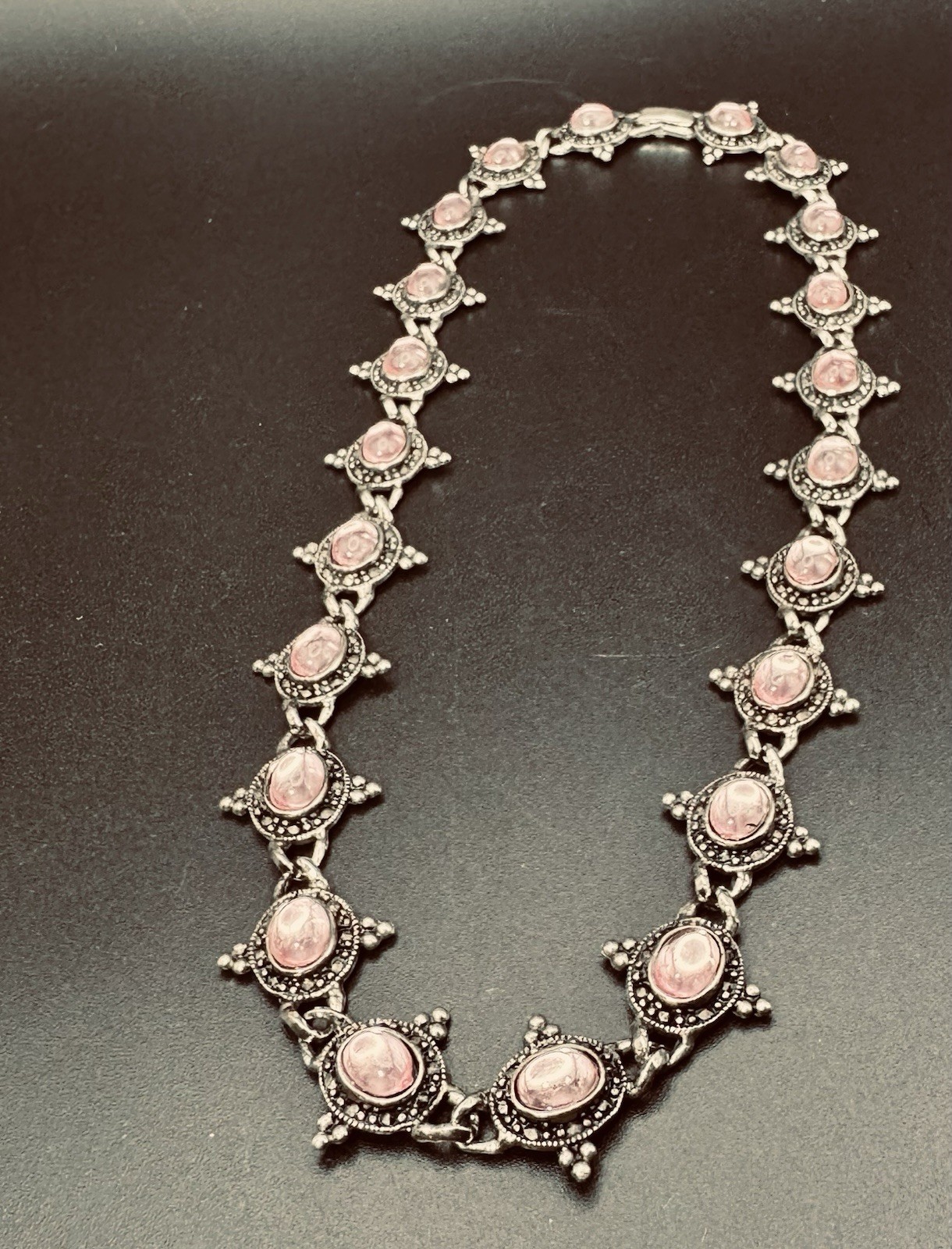 Vintage Silver Beaded & Marcasite Collar Necklace, Bezel Set With Pink Cabochons