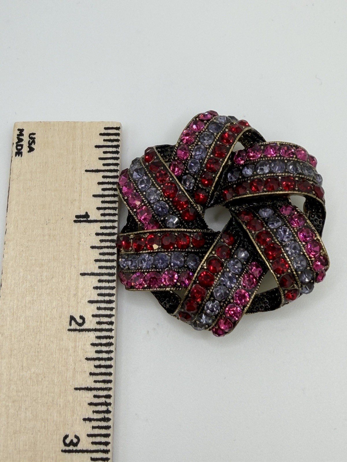 Monet Rhinestone Brooch Pink Red Purple Swirl Pin Gold Tone Vintage