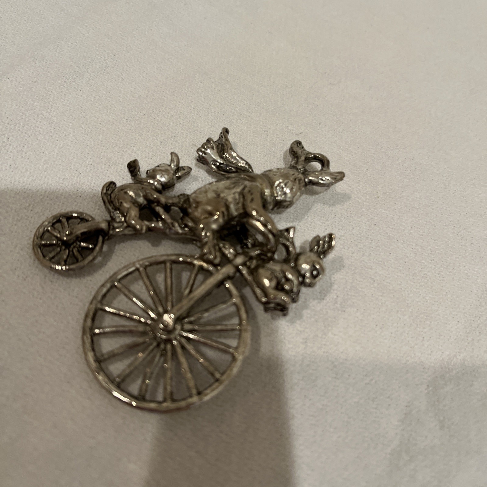 Vintage 2005 Bunny Trio On Penny-Farthing Type Bicycle 2” Pewter Pendant
