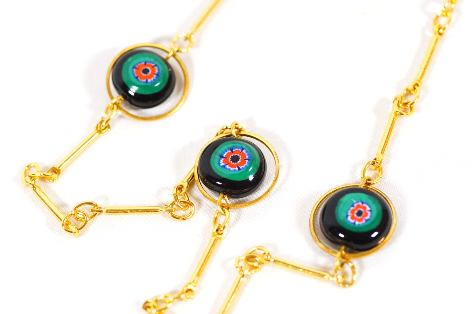 Venetian Glass Millefiori Discs Station Necklace Unique Bar Link 28″ Art Glass