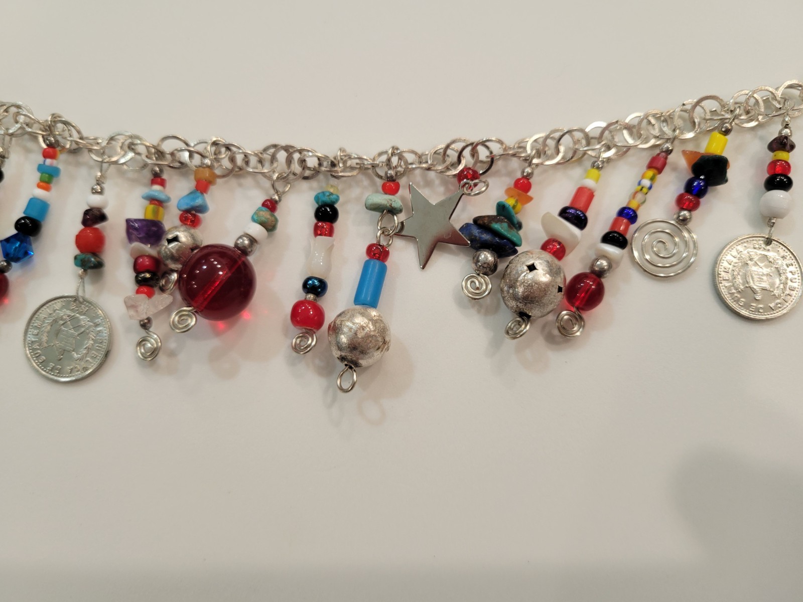Vintage Multi-stone Tribal Guatemala Coin Charm Beaded Strand Silver Toned Boho