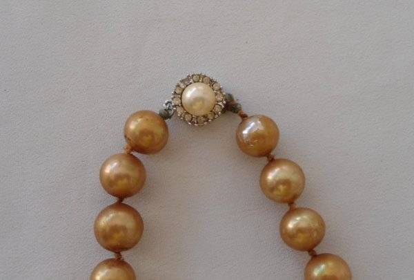 Vintage Faux Pearl Bead Necklace Sterling Rhinestone Cluster Clasp Hand Knot 19″