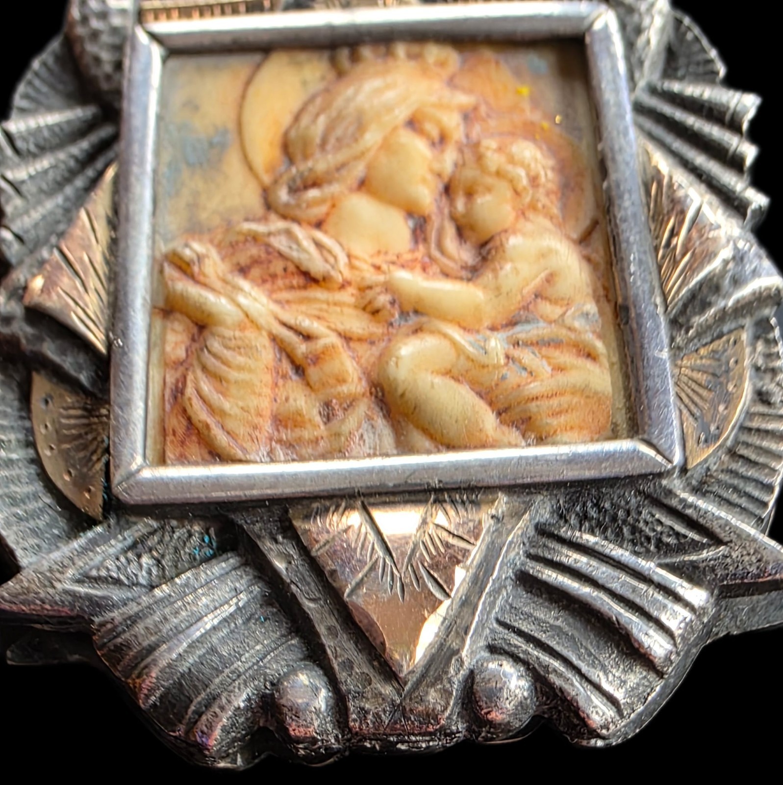 Fine Antique Art Nouveau Silver Gold Madonna Virgin Mary and Jesus Pendant C1900