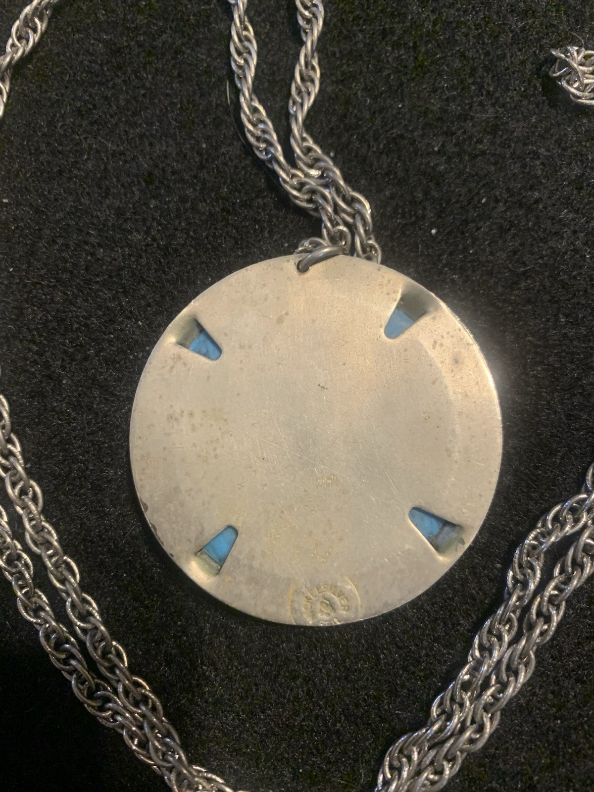 VINTAGE BELL TRADING CO NICKEL SILVER TURQUOISE THUNDERBIRD PENDANT NECKLACE