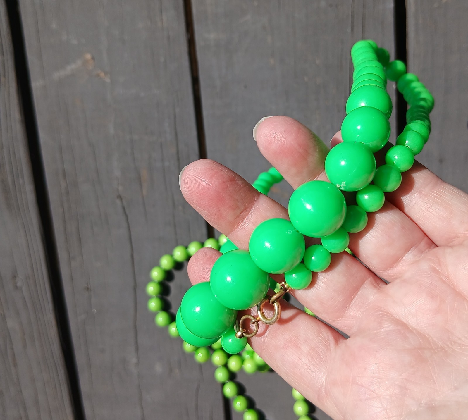 2 Vintage Bright Vivid Green Plastic Beads Necklaces