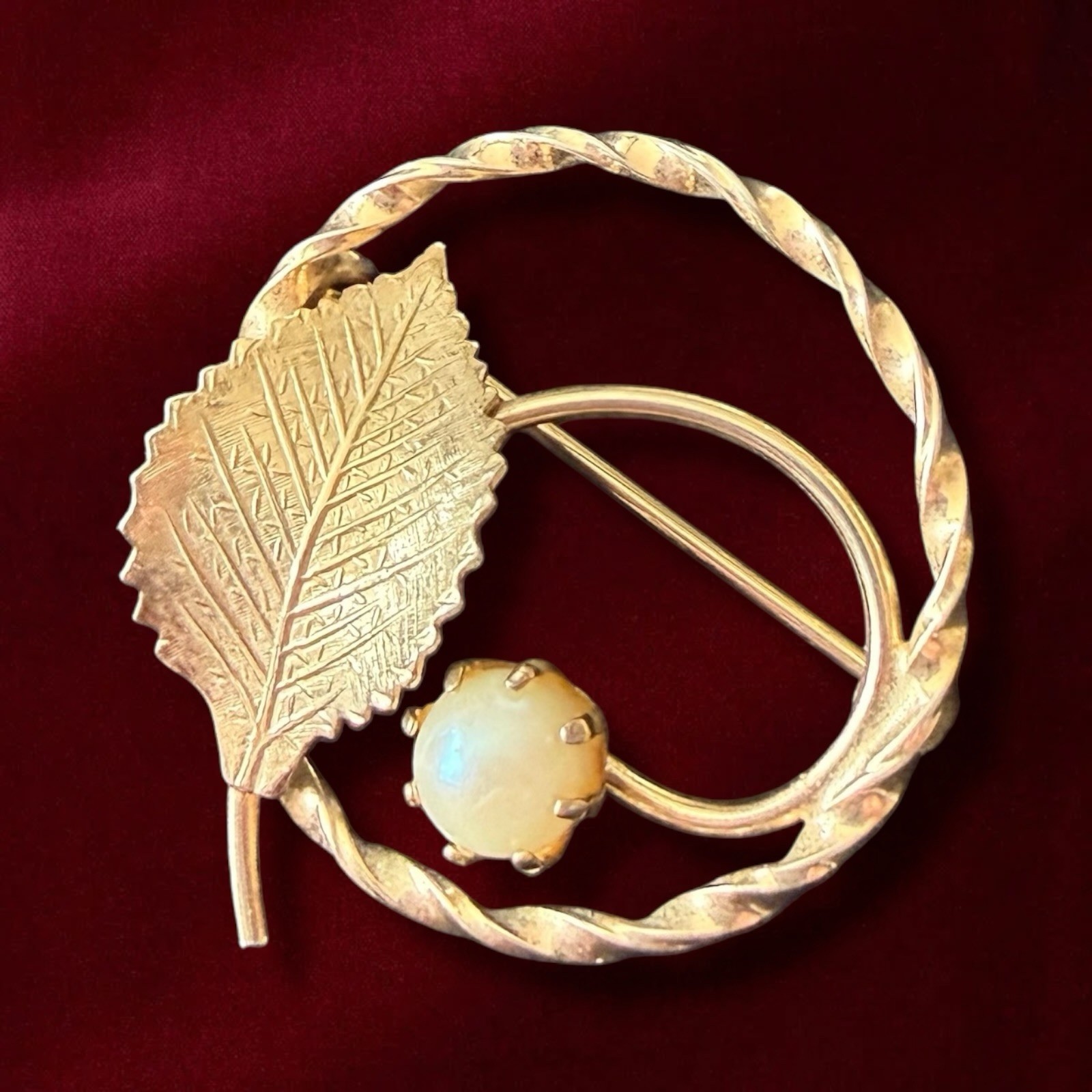 Gold Filled Leaf Brooch Cultured Pearl Pin Mid Century 1950s 12K GF Signed AC