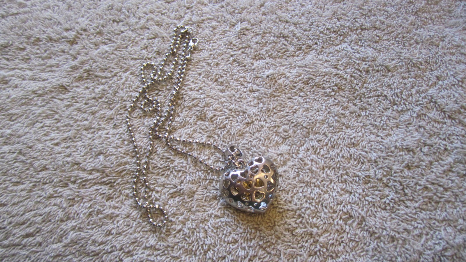 Vintage Puffy Heart Charm Necklace Pendant Brass Metal Rhinestone about 1″