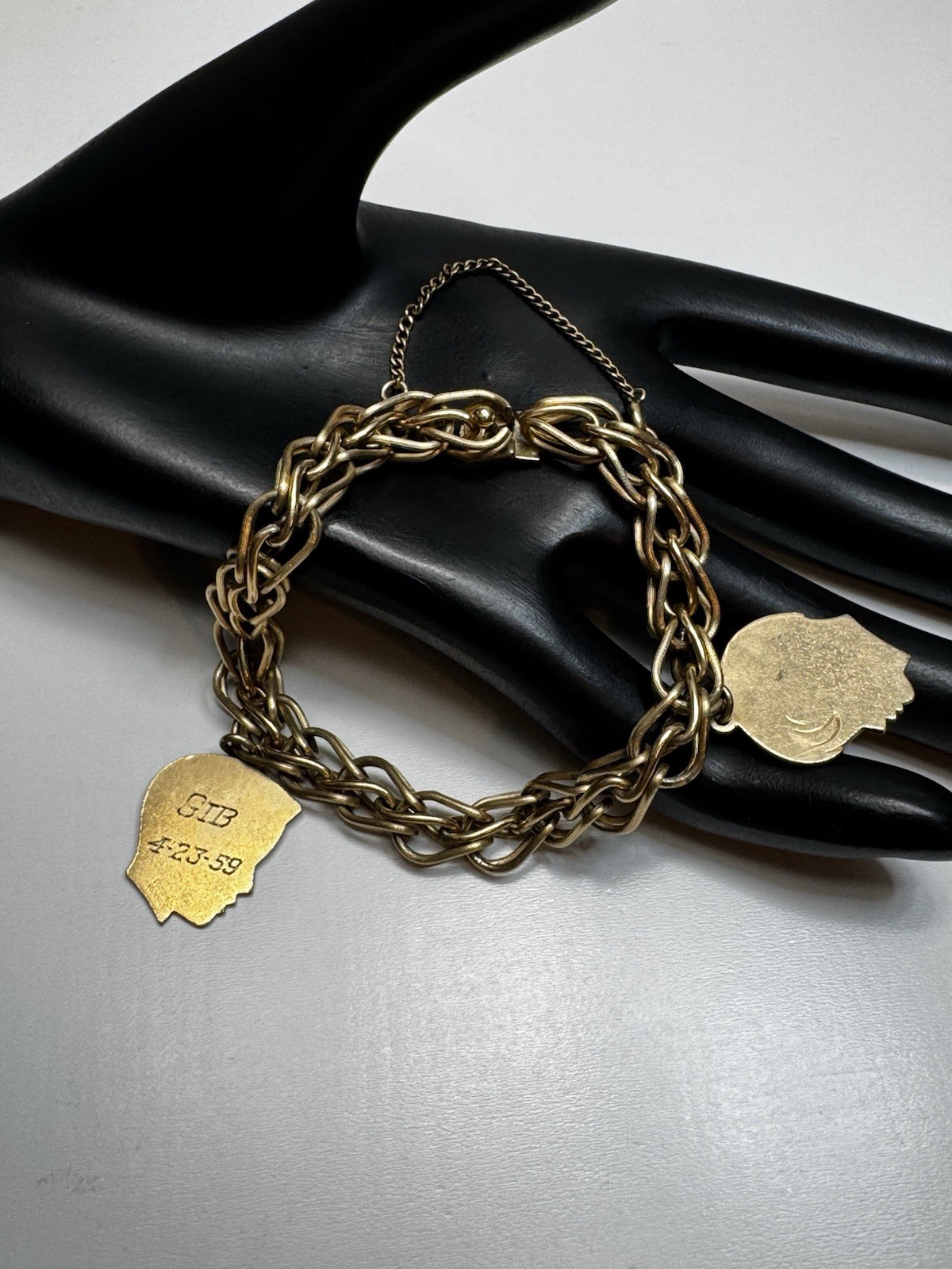 Vintage 12K Gold Filled Chain Bracelet Male Profile Charms Unmarked Retro 7” 50s