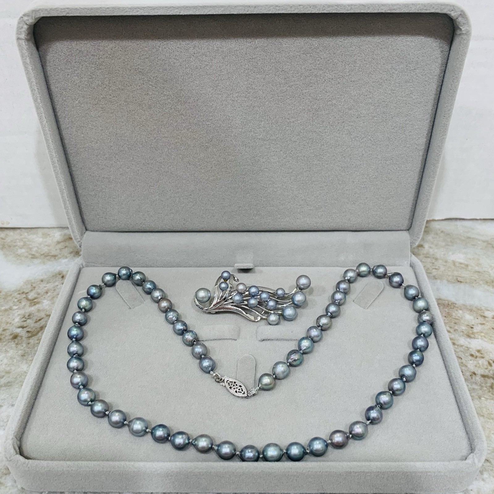 VTG BLUE AKOYA PEARL Necklace SET 10k WG 7mm Baroque Saltwater Pin 3″ SILVER 19″