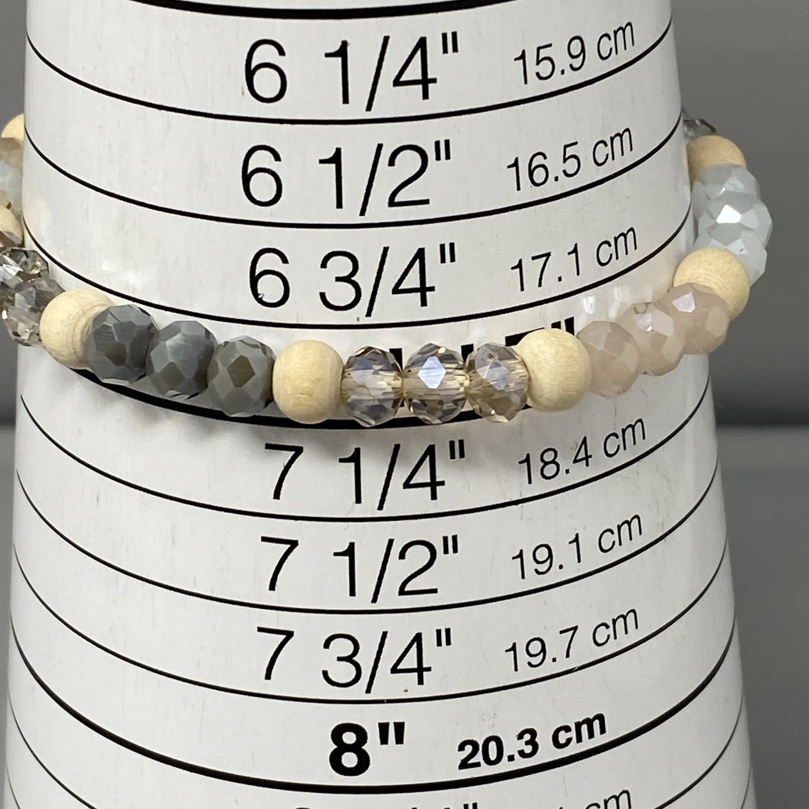 Glass Beaded Bracelet Gray Cream Clear Fire Polished Faceted Stretch Elastic 7″