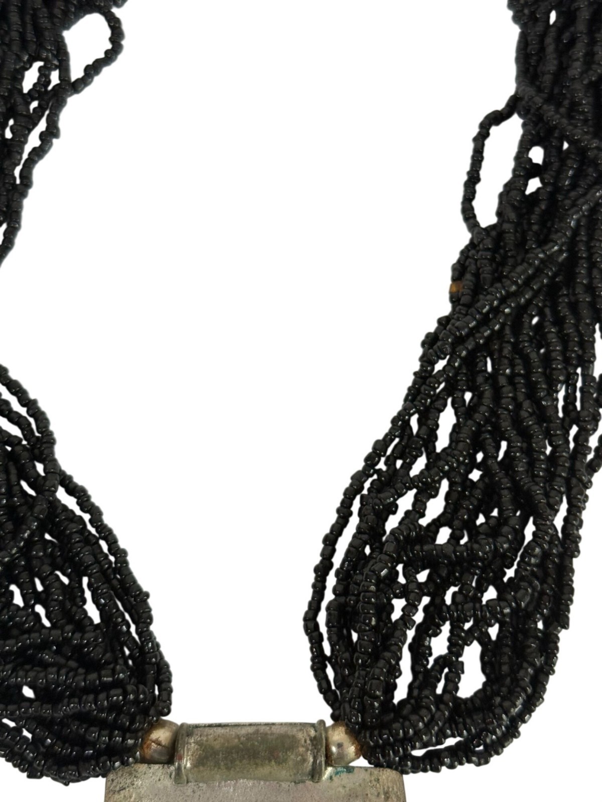 Vintage Multistrand Black Beaded Necklace With Ornate Square Silver-Tone Pendant