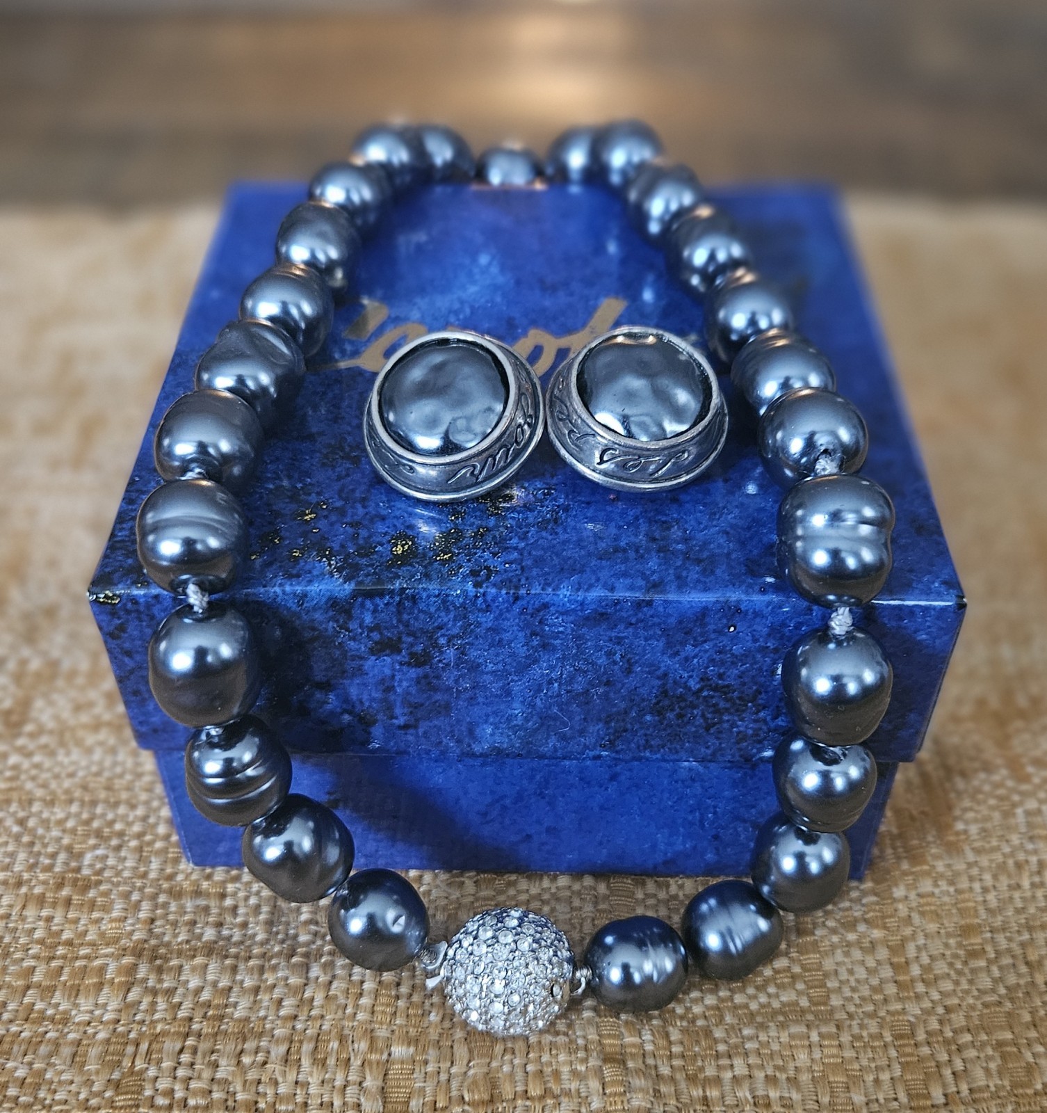 Vintage Carolee Blue-Gray Pearl Necklace and Earring Set