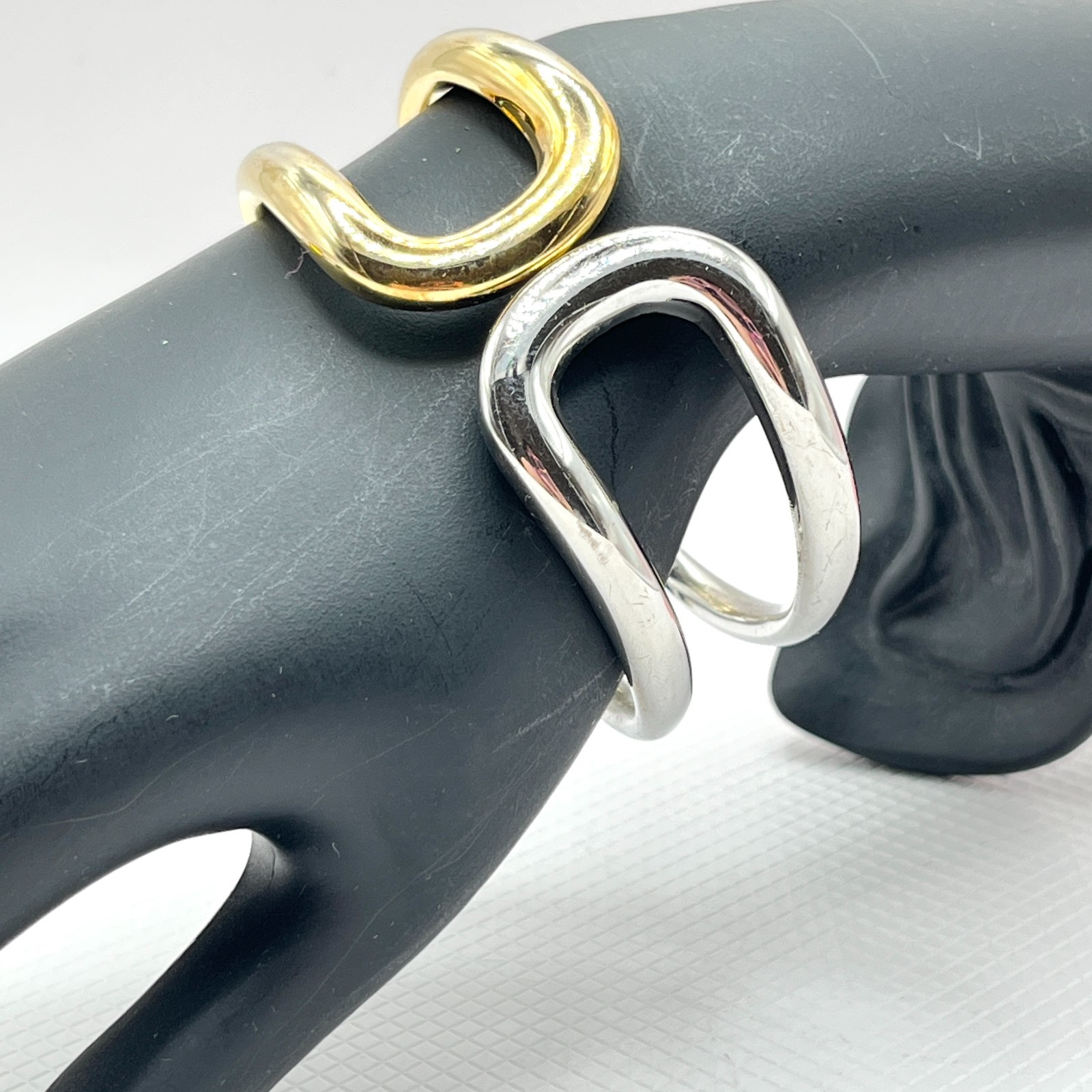 Mixed Silver & Gold Tone Metal Sculptural Bracelet w/ Open Work Hinged Bangle