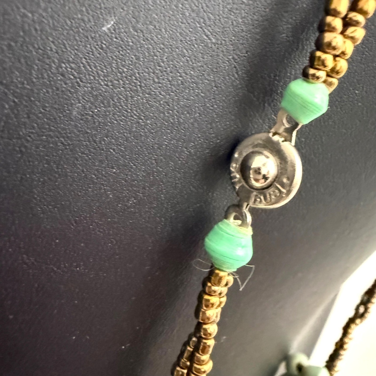 Vintage Teng Yue Necklace Paper Beads Statement Boho Green Gold Tone 22 inches