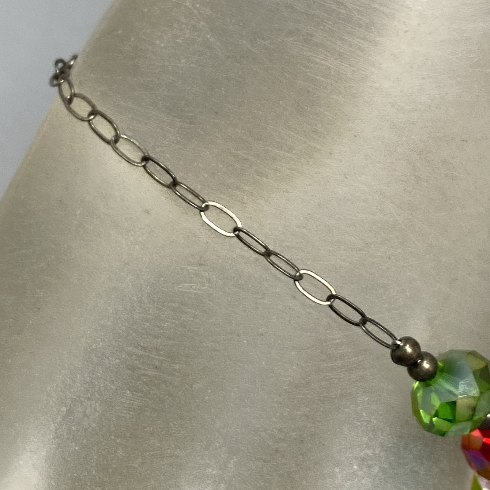 Glass Bead Bracelet Sterling Silver Chain Links Rainbow Faceted Fire Polished 7″