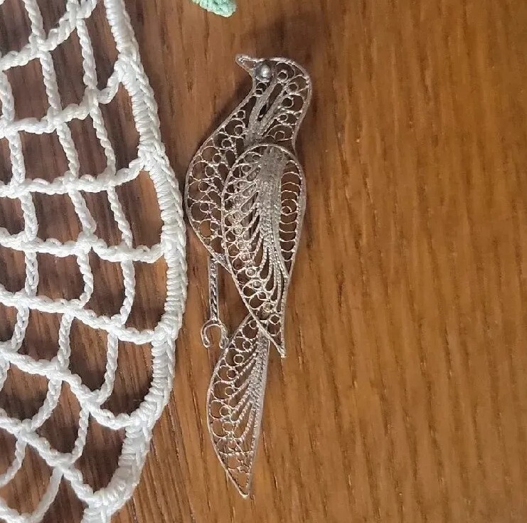 Vintage Cannetille Bird Pin Sterling Silver 925 Filigree