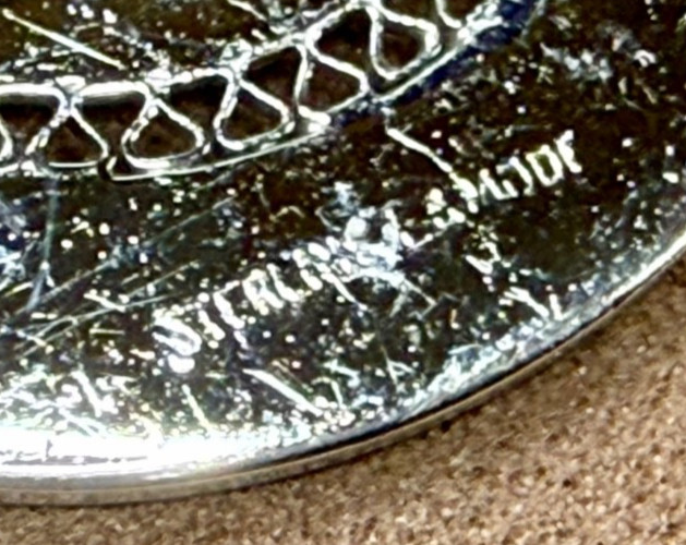 Initial Letter P ? Calligraphy On Vintage Sterling Silver Round Disc Brooch
