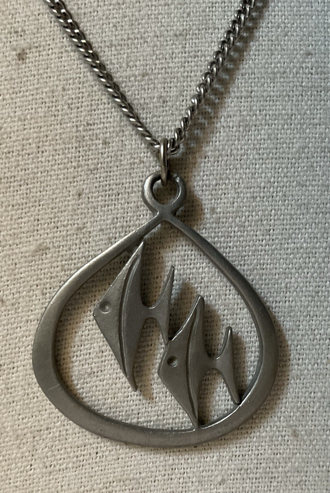 BDA Signed Vintage Pewter Angel Fish Necklace 24” Modernist Fun 1.5”