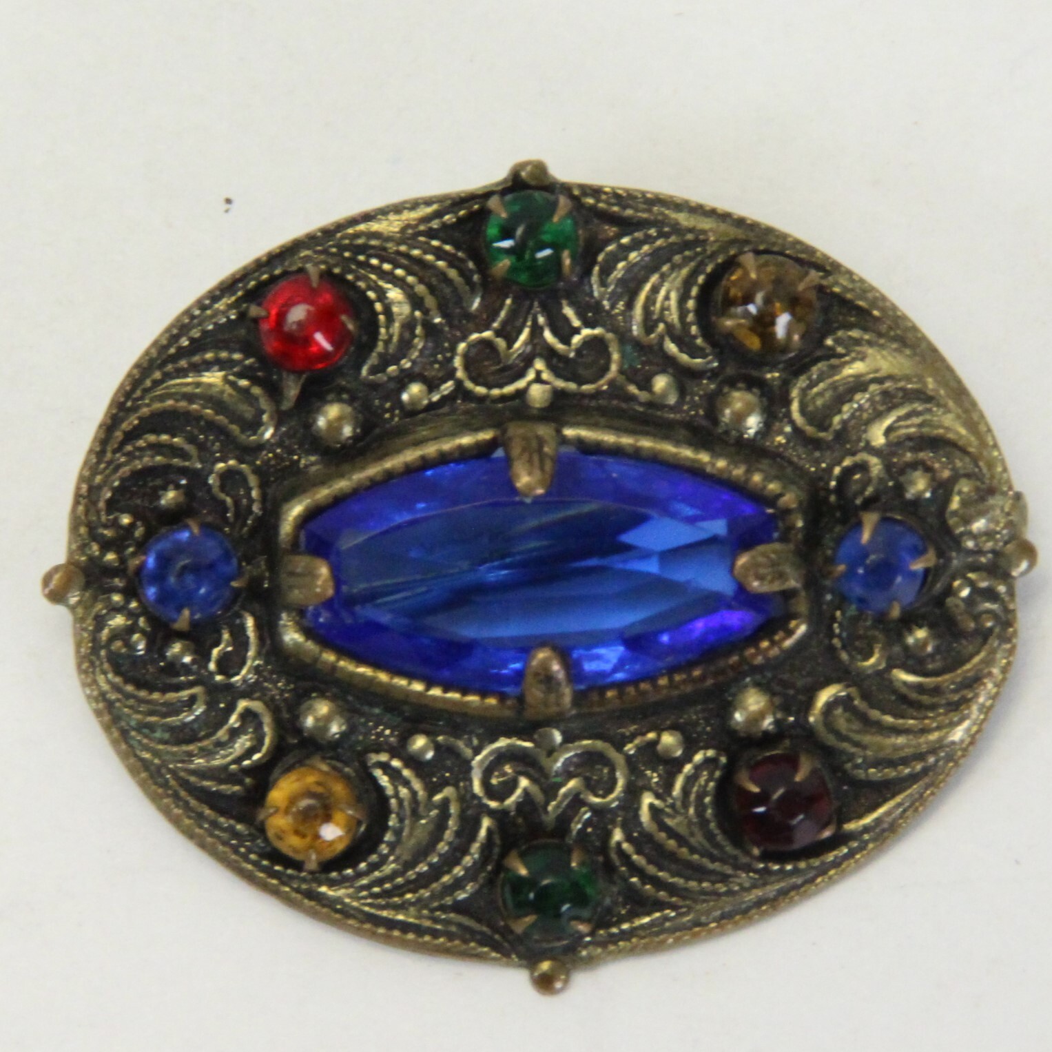 Czech Glass Goldtone Filigree Brooch Art Nouveau Blue Lozenge Fruit Salad