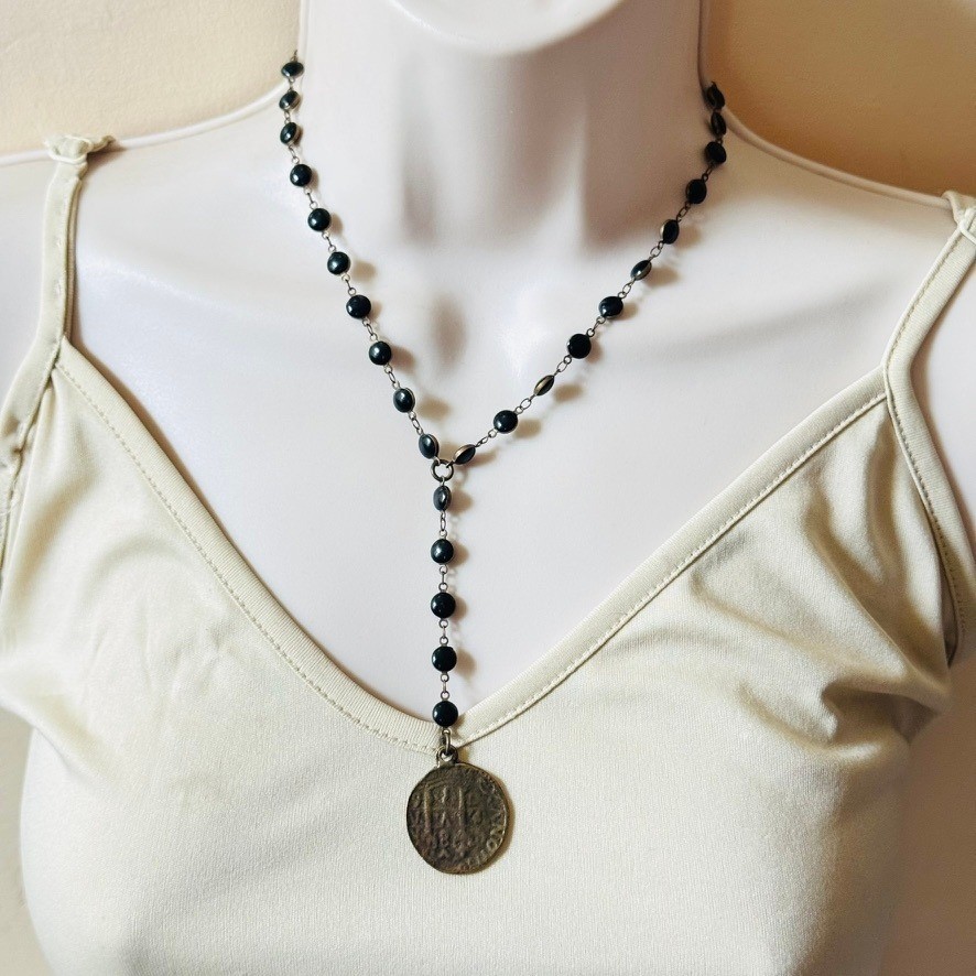 Gothic Style Rosary Cross Coin Necklace Devotional Rustic Chain black Jet Glass