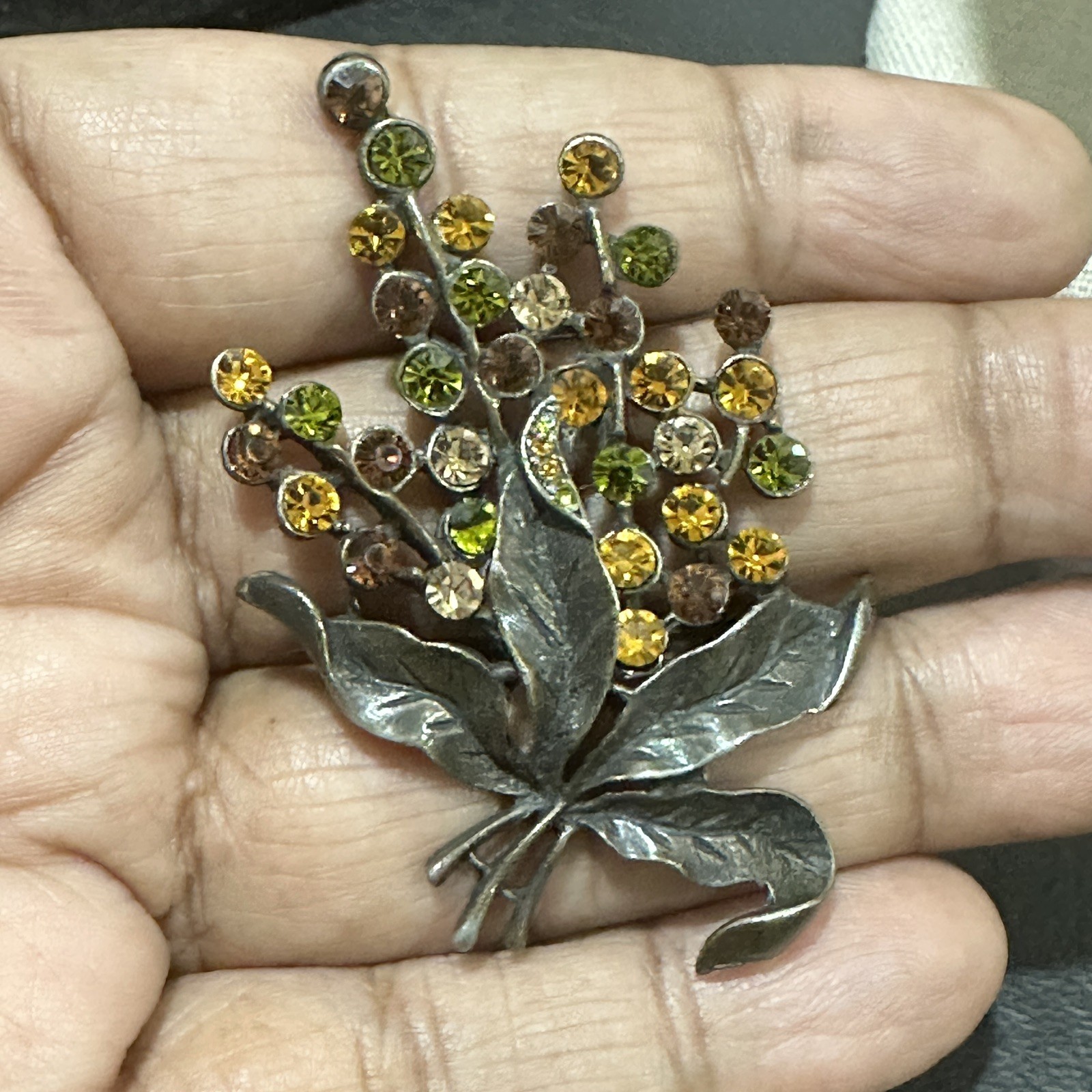 Vintage Rhinestone Leaf Spray Brooch Green Gold Brown Fall Colors Sparkle Autumn
