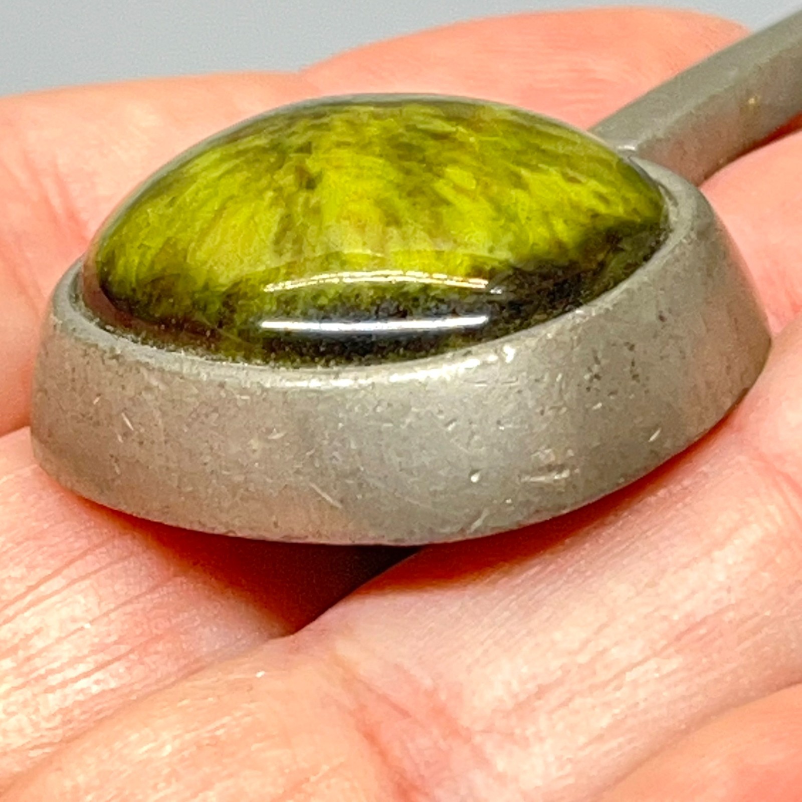 Signed Roland Landerholm Tenn Vintage Modernist MCM Pewter Green Ceramic Pendant