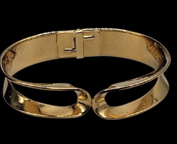 Vintage Crown Trifari Hinged Cuff Bracelet Gold Tone Modern Open Design 1960s