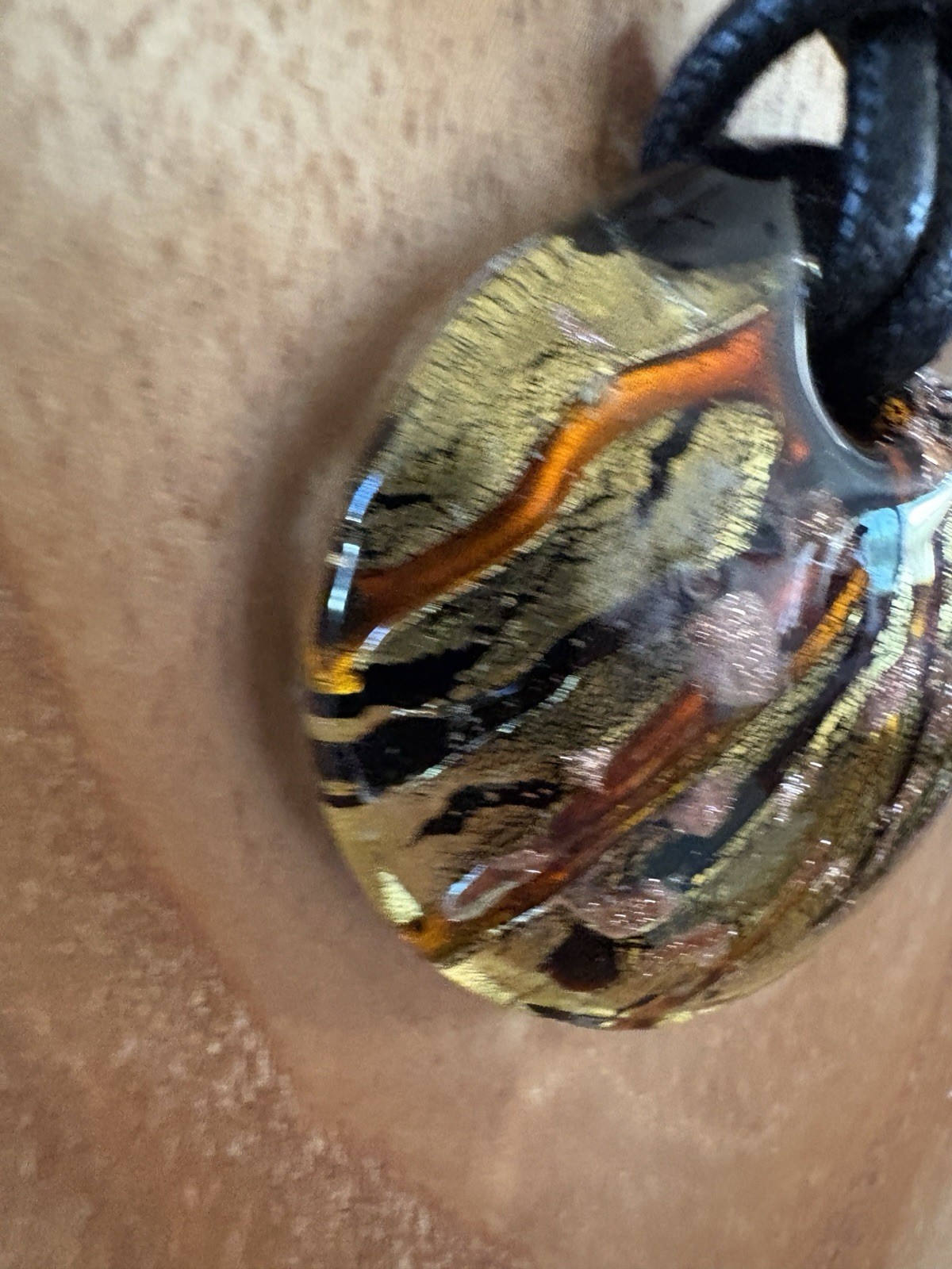MURANO ITALY Signed Art Glass Pendant Gold Silver Foil With Orange Swirls
