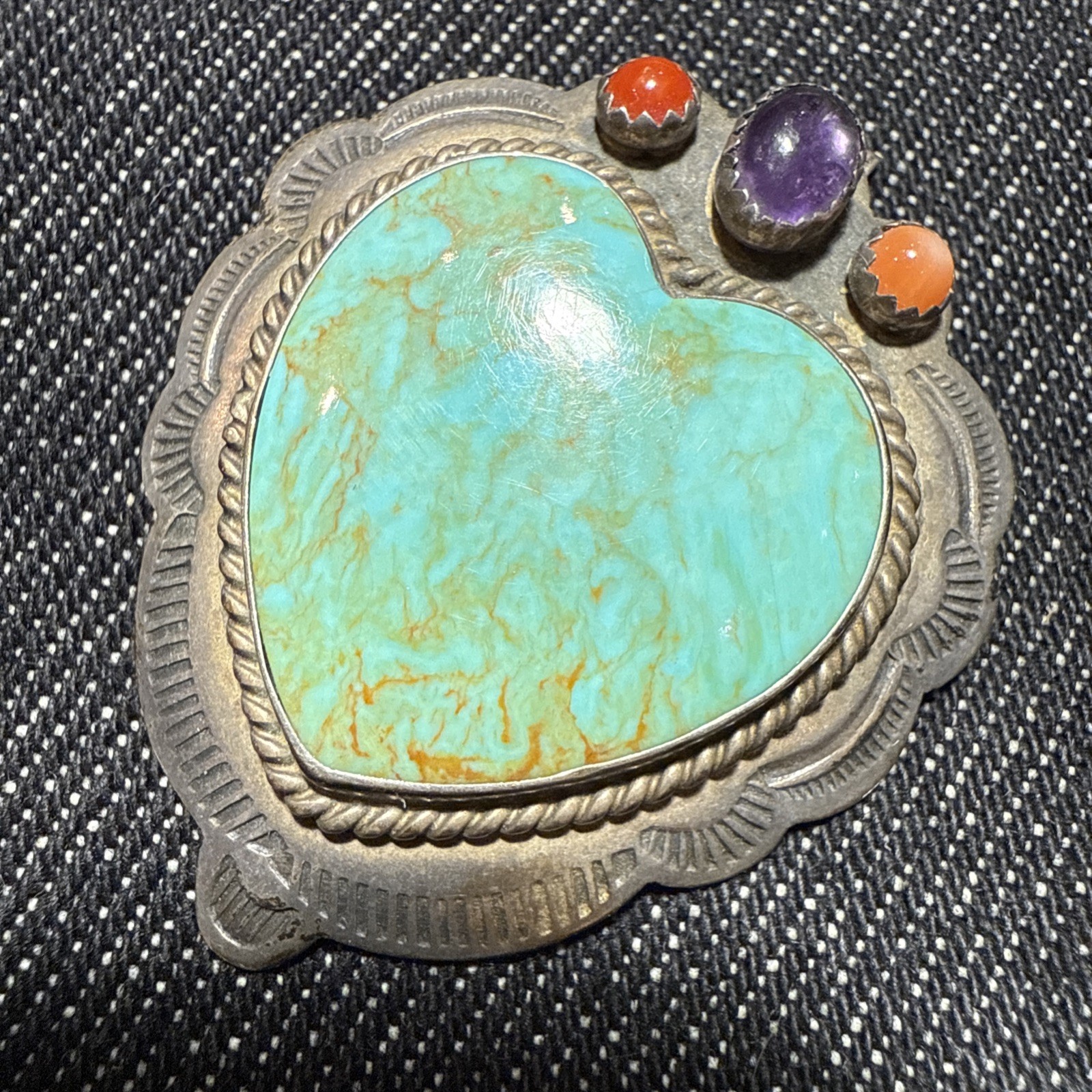 CM Gems Sterling Silver Turquoise Heart Removable Bail Pendant Brooch Spiny
