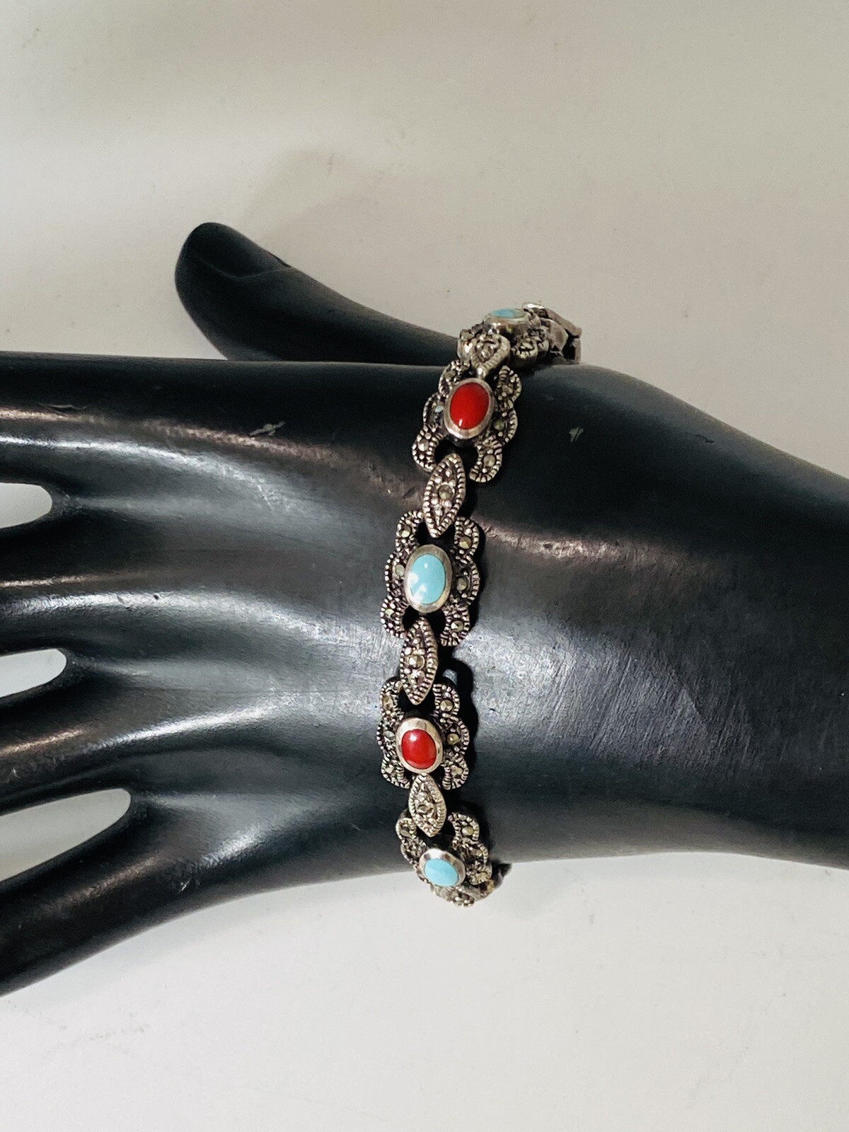 Vintage Sign Sterling Silver Multi Stone Turquoise Coral Marcasite Link Bracelet