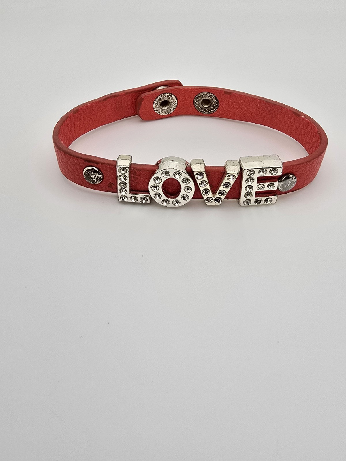 Vtg YIK FUNG Signed Red Leather & Rhinestone Slide Charm Bracelet FREE $HIPPING!
