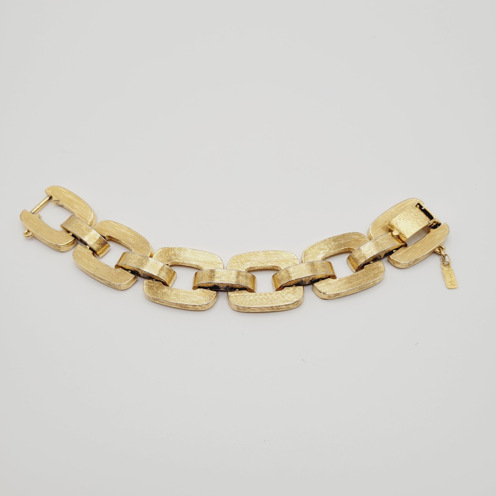 Monet Chunky Square Link Gold Tone Brush Finish Vintage Bracelet No Safety Chain