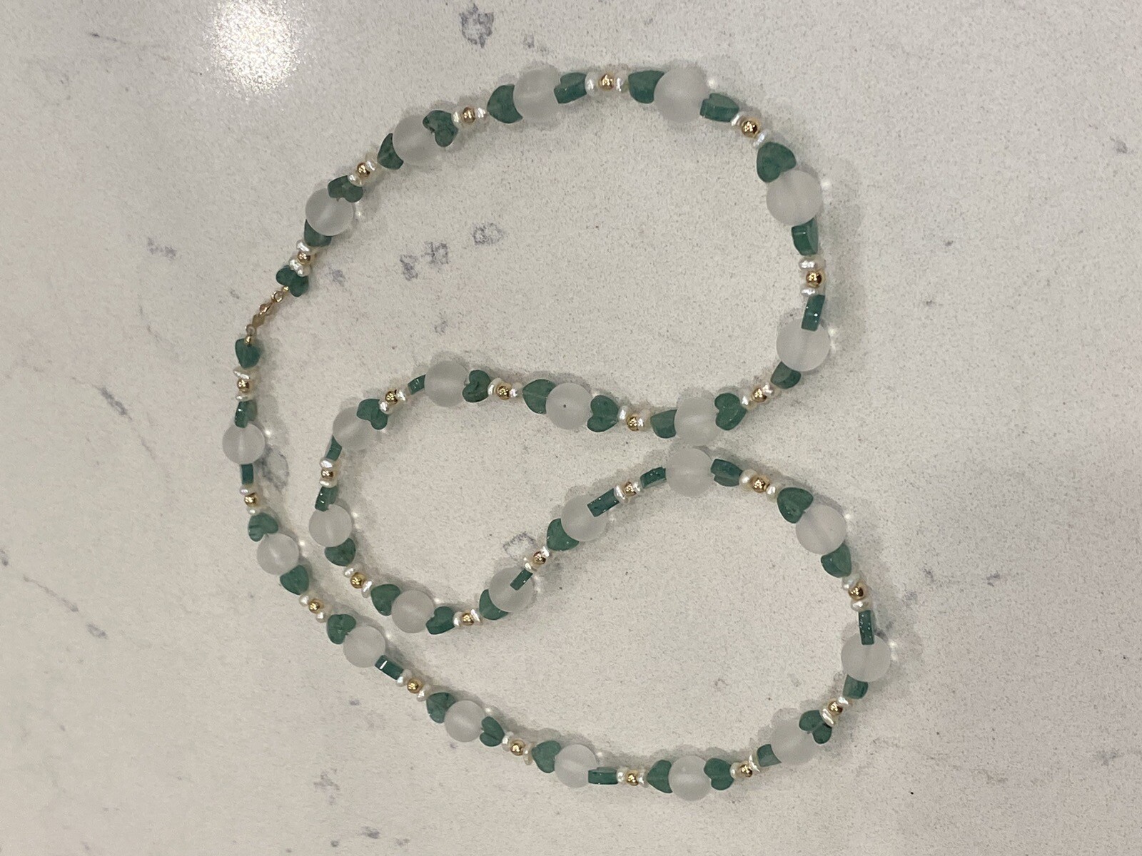 14K Gold, Emerald Hearts, Clear Round Quartz, Pearls & Gold Beads Clasp Necklace