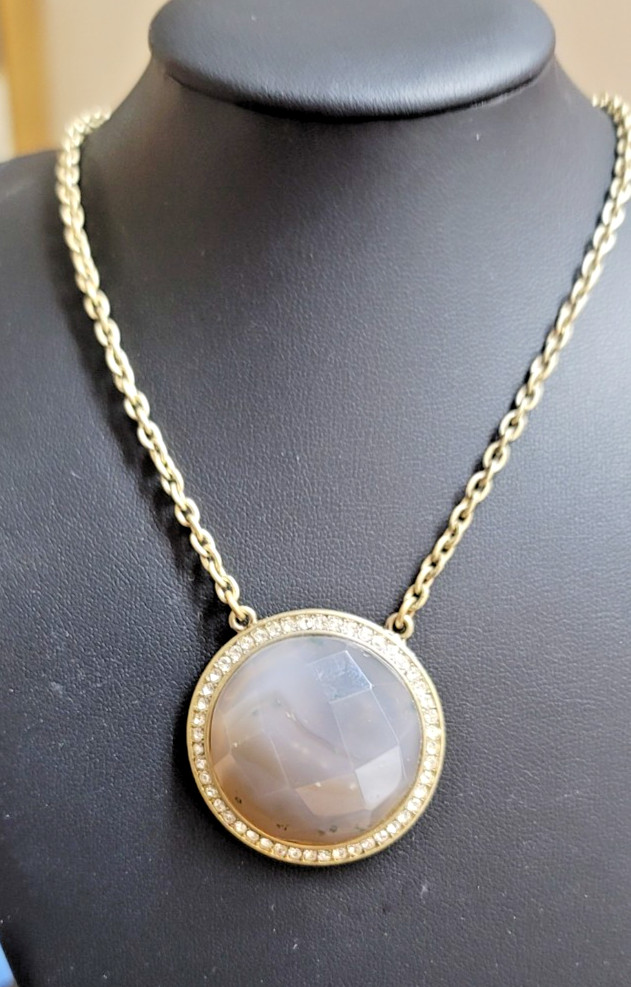 VNT Danielle Stevens Gold Tone Statement Necklace with Faux Rose Quartz Pendant