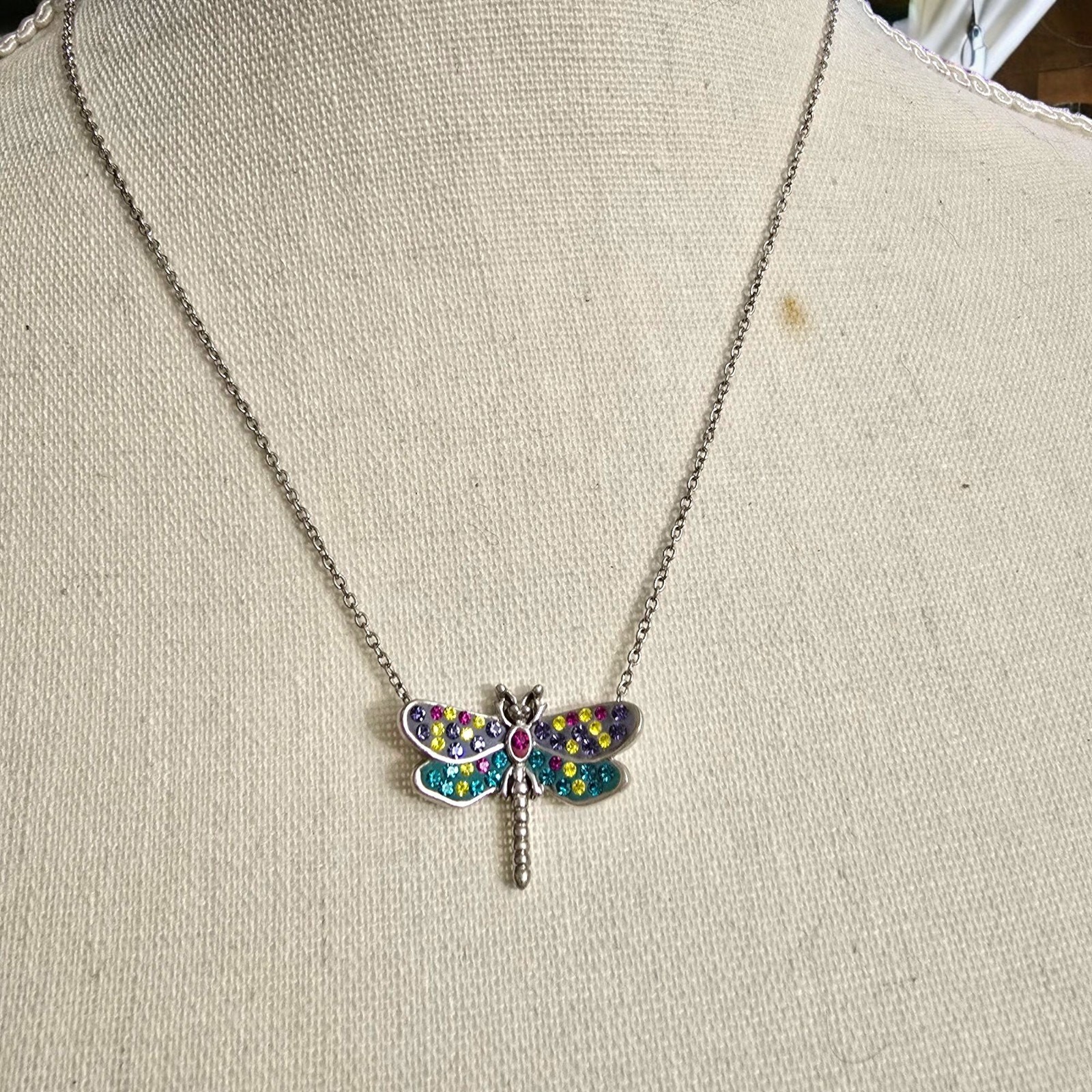Necklace Small Dragonfly Pendant Multicolor Rhinestones Silver Tone 16″ SKU 2241
